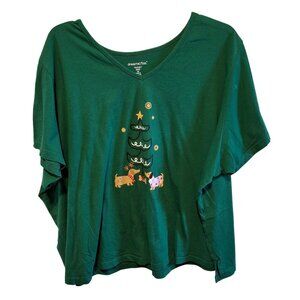 Dreams & Co. Green Christmas Top With Reindeer & Tree Graphic 5X 100% Cotton Mad